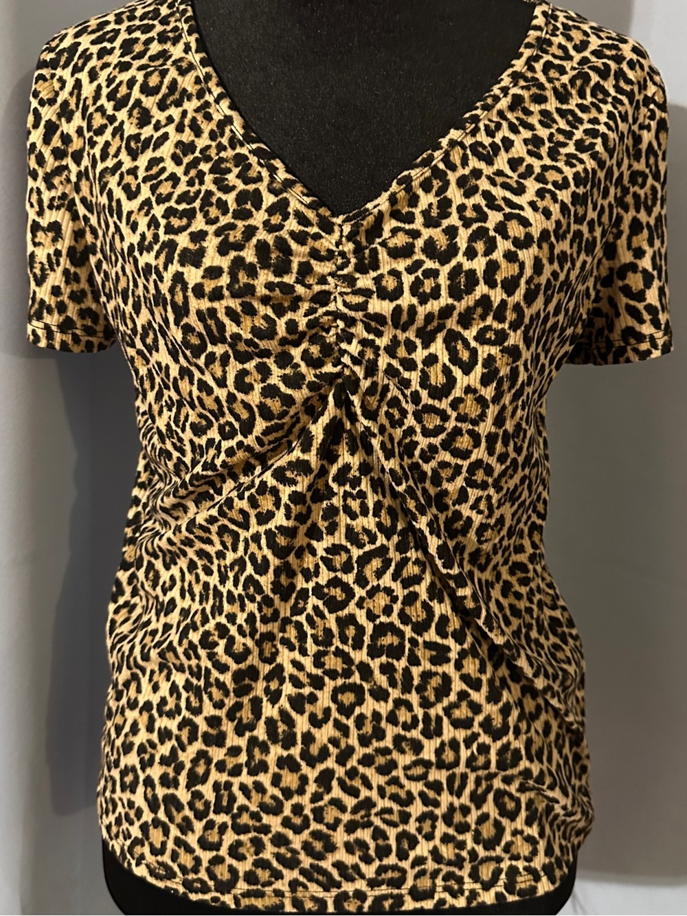 Vibe Leopard Print V-Neck Short Sleeve Top - Tan & Black
